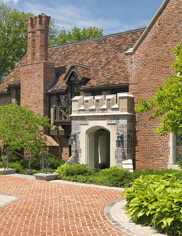 Newton Tudor Revival Exterior, paved walkway